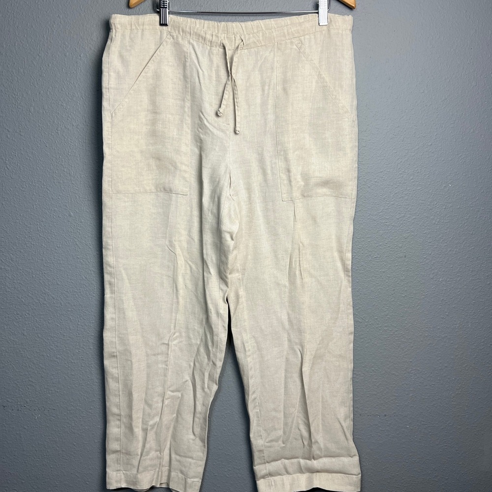 Liz Claiborne Linen Pants Drawstring Waist Cropped Beige Coastal‎ Grandma Size M